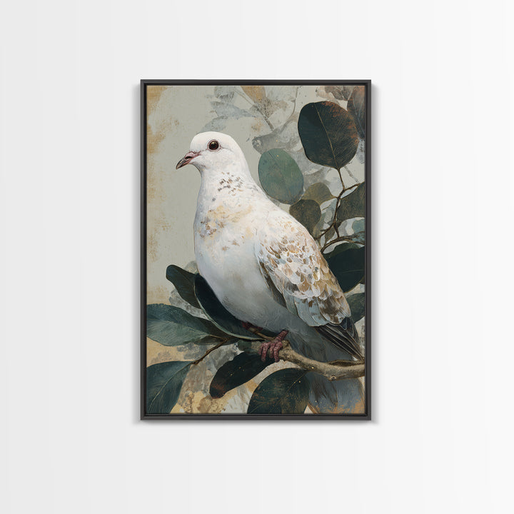White Dove with Olive Branch and Calm Framed Canvas Print, Bird Art, Boho Decor, Living Room Decor, Fine Art, Flight, BIR-2x3-48