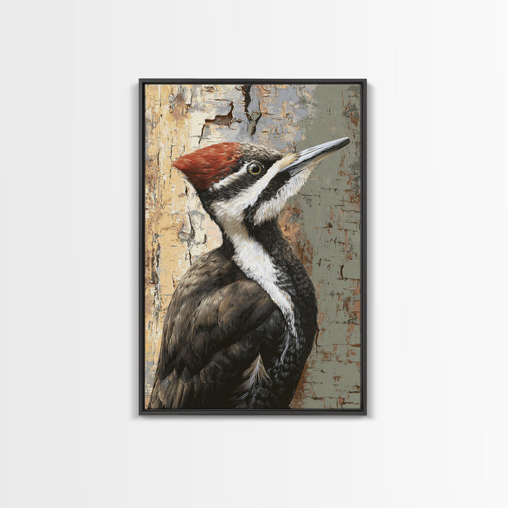 Woodpecker on Birch Bark Texture Framed Canvas Print, Bird Art, Original Art, Living Room Decor, Oil Painting, Flight, BIR-2x3-53
