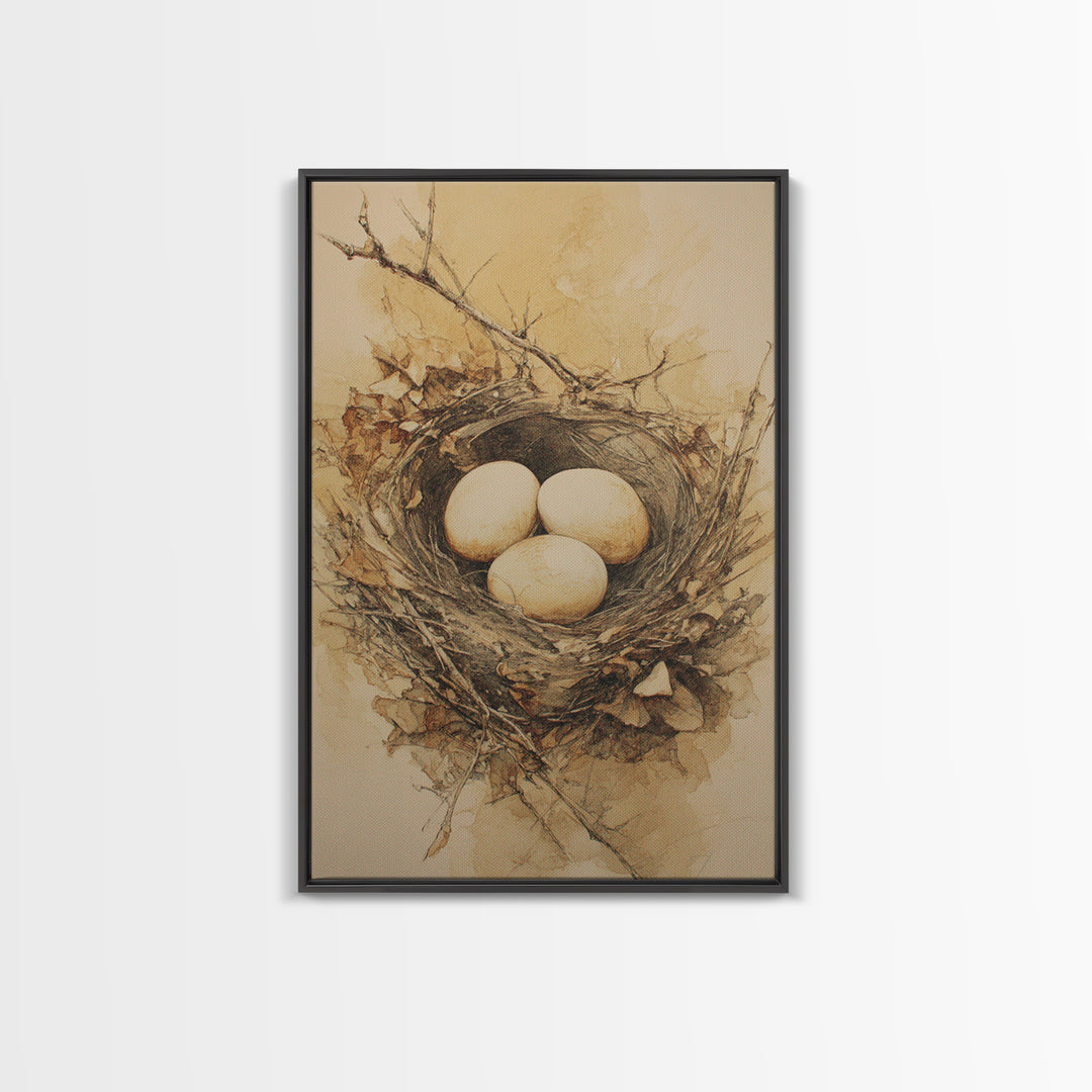 Bird Nest with Eggs and Delicate Twigs Canvas Print, Bird Art, Minimalist Decor, Living Room Decor, Fine Art, Flight, BIR-2x3-54