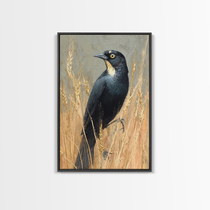 Blackbird on Gold Wheat Field Framed Canvas Print, Bird Art, Neutral Decor, Living Room Decor, Abstract Art, Flight, Wall Art, BIR-2x3-56