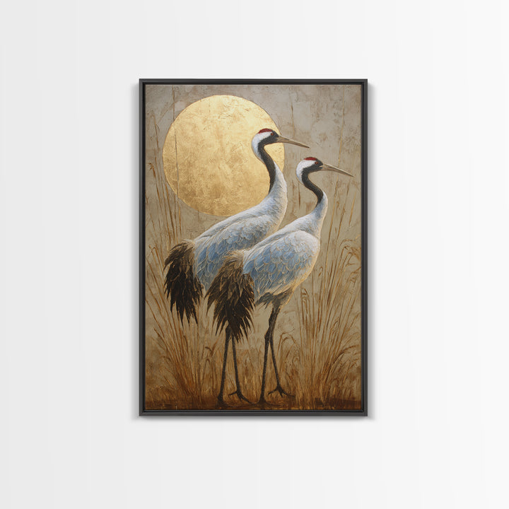 Pair of Cranes Dancing Framed Canvas Print, Bird Art, Digital Prints, Living Room Decor, Oil Painting, Flight, Modern Art, BIR-2x3-59