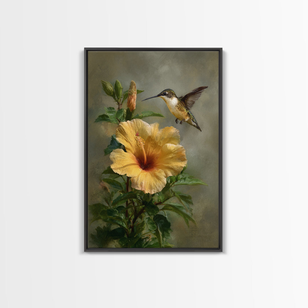 Hummingbird Hovering Beside Bright Hibiscus Framed Canvas Print, Bird Art, Wall Art, Living Room Decor, Fine Art, Flight, BIR-2x3-60