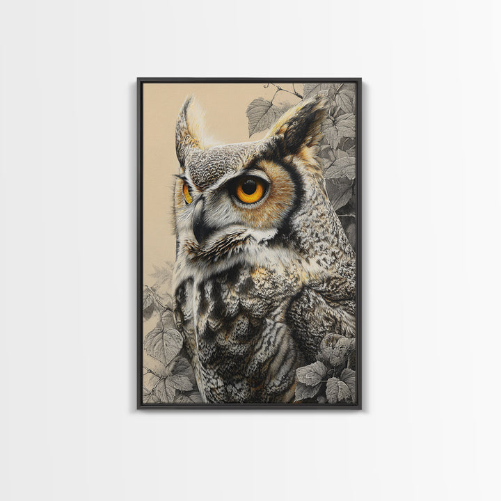 Owl Portrait with Wise Golden Eyes Canvas Print, Bird Art, Printable Art, Living Room Decor, Flight, Mid Century Wall Art, BIR-2x3-61