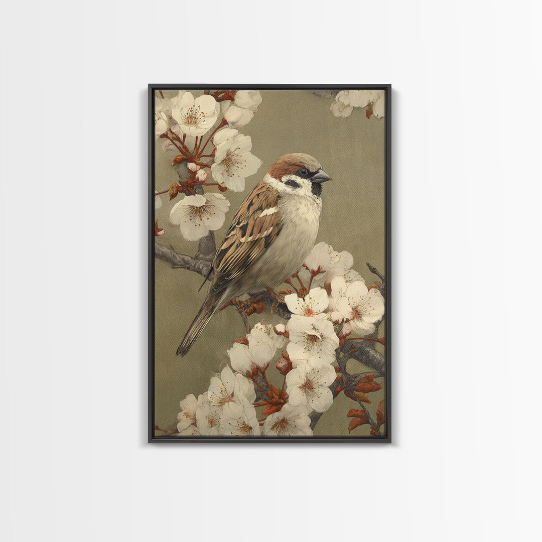Songbird Perched on Cherry Blossoms Framed Canvas Print, Bird Art, Room Decor, Living Room Decor, Fine Art, Flight, BIR-2x3-64