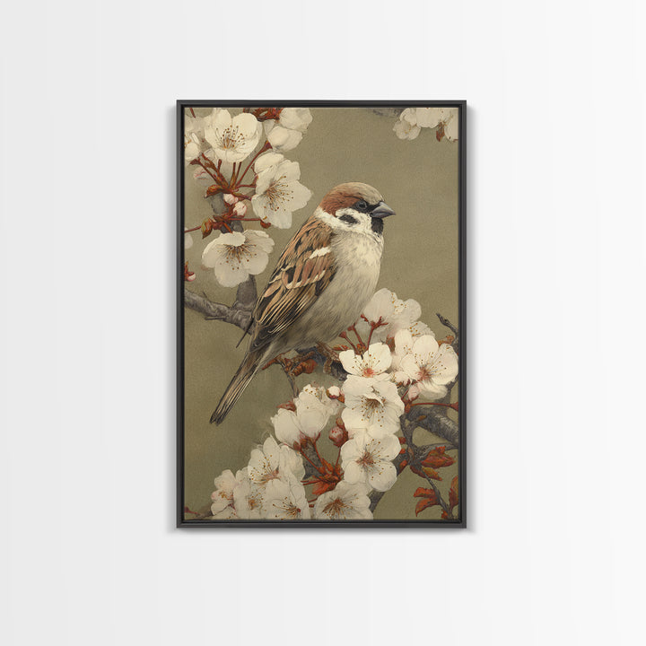 Songbird Perched on Cherry Blossoms Framed Canvas Print, Bird Art, Room Decor, Living Room Decor, Fine Art, Flight, BIR-2x3-64
