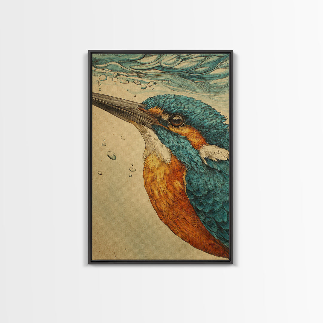 Kingfisher Diving Toward Blue Water Canvas Print, Bird Art, Mid Century Modern, Living Room Decor, Flight, Botanical Wall Art, BIR-2x3-67