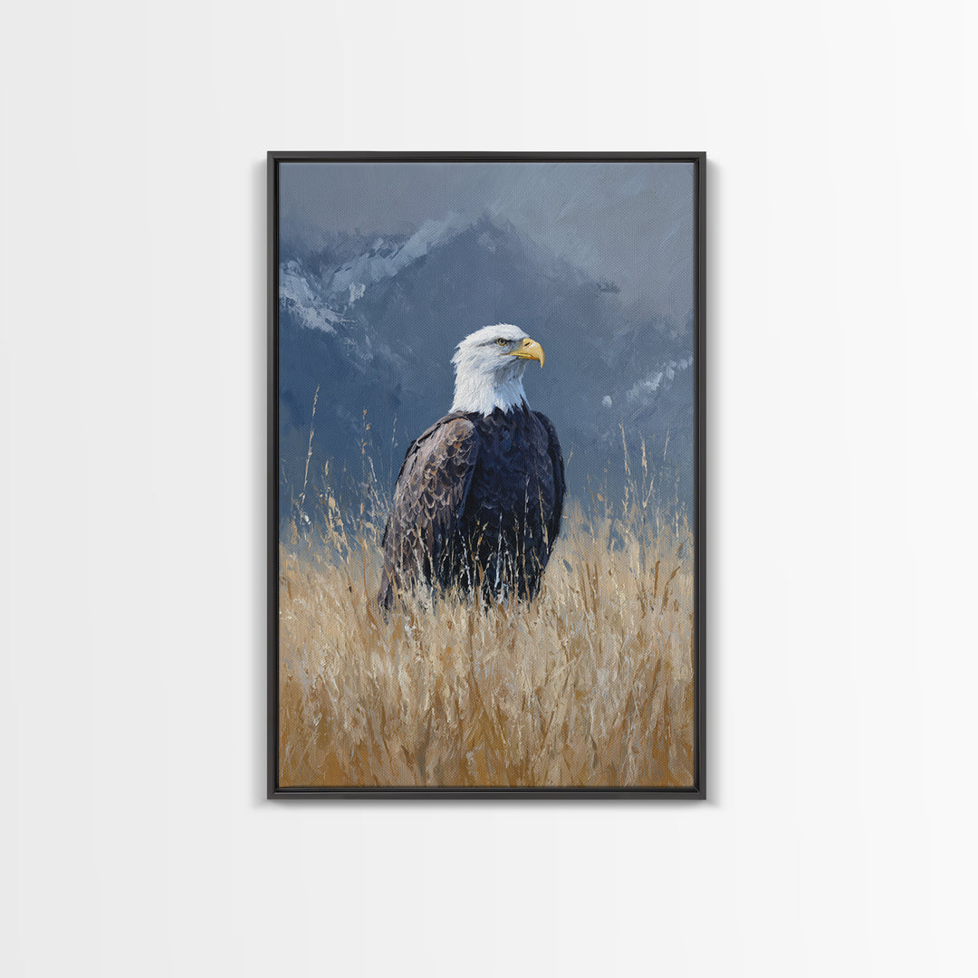 Eagle Portrait with Dramatic Mountain Wind Framed Canvas Print, Bird Art, Digital Print, Living Room Decor, Fine Art, Flight, BIR-2x3-68