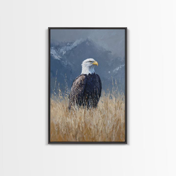 Eagle Portrait with Dramatic Mountain Wind Framed Canvas Print, Bird Art, Digital Print, Living Room Decor, Fine Art, Flight, BIR-2x3-68