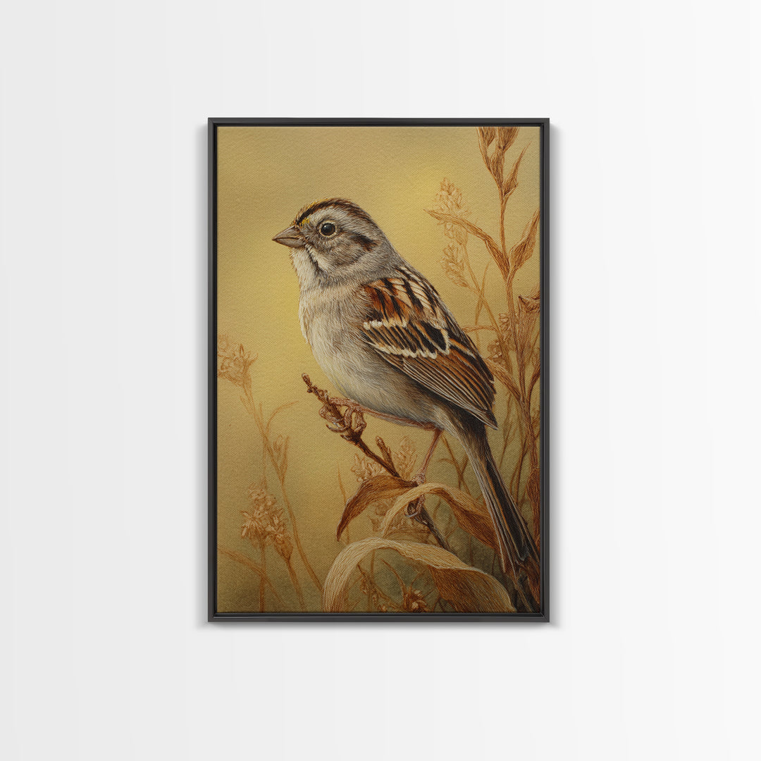 Small Sparrow on Wildflower Stem Canvas Print, Bird Art, Wall Decor, Living Room Decor, Oil Painting, Flight, Boho Wall Decor, BIR-2x3-70