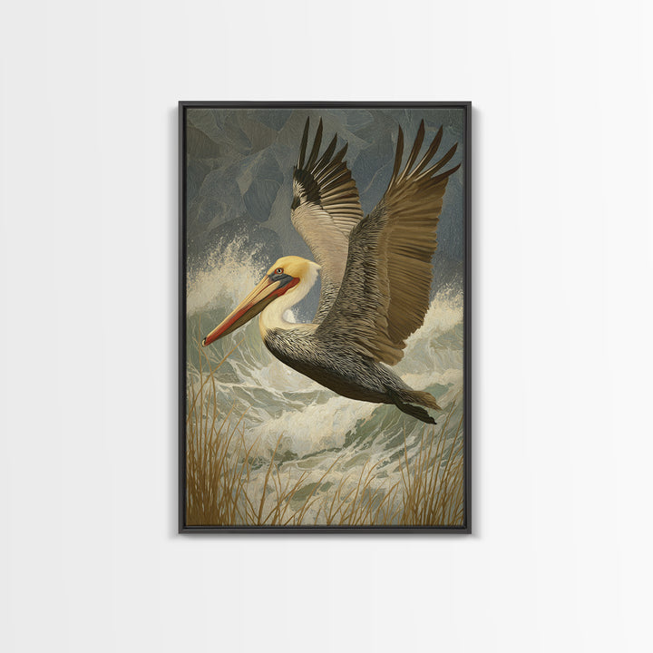 Pelican Flying over Coastal Waves Framed Canvas Print, Bird Art, Digital Prints, Living Room Decor, Watercolor Art, Flight, BIR-2x3-74