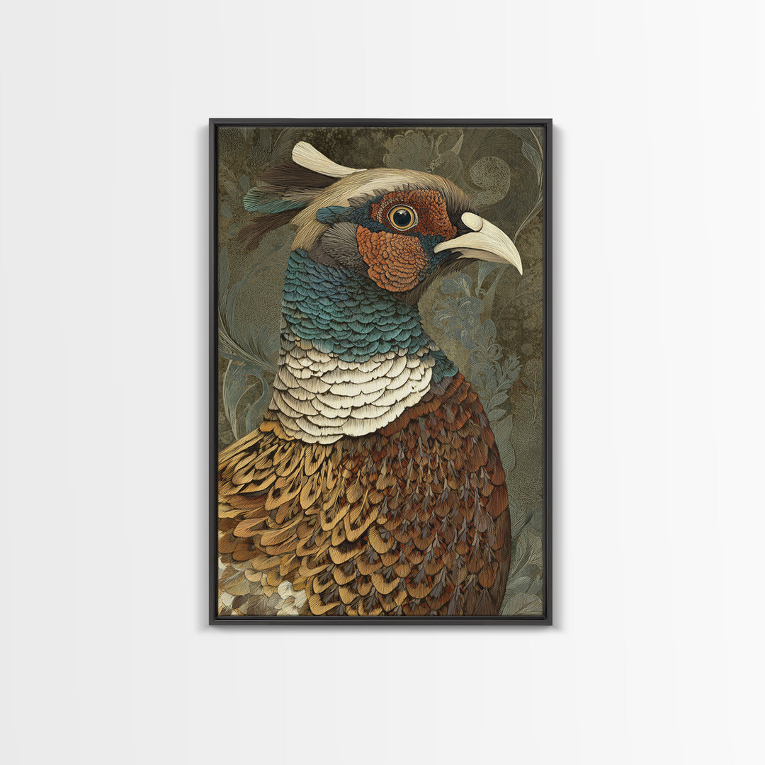 Pheasant with Ornate Feather Details Framed Canvas Print, Bird Art, Original Art, Living Room Decor, Fine Art, Flight, BIR-2x3-75