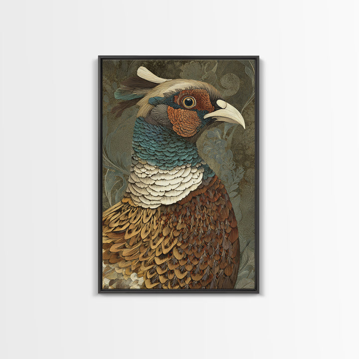 Pheasant with Ornate Feather Details Framed Canvas Print, Bird Art, Original Art, Living Room Decor, Fine Art, Flight, BIR-2x3-75