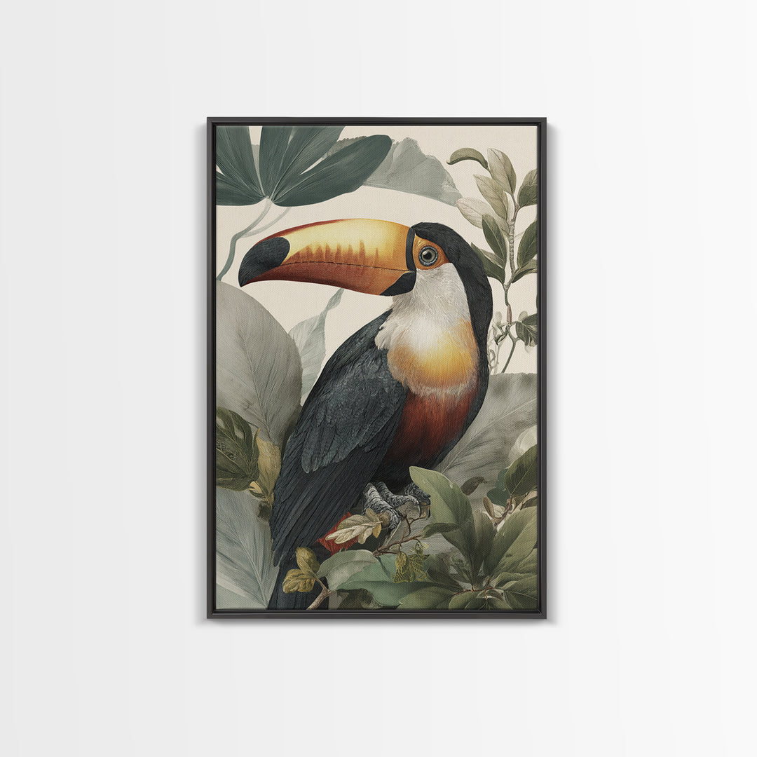 Toucan Framed by Bold Jungle Foliage Canvas Print, Bird Art, Wall Decor, Living Room Decor, Fine Art, Flight, Boho Wall Decor, BIR-2x3-79