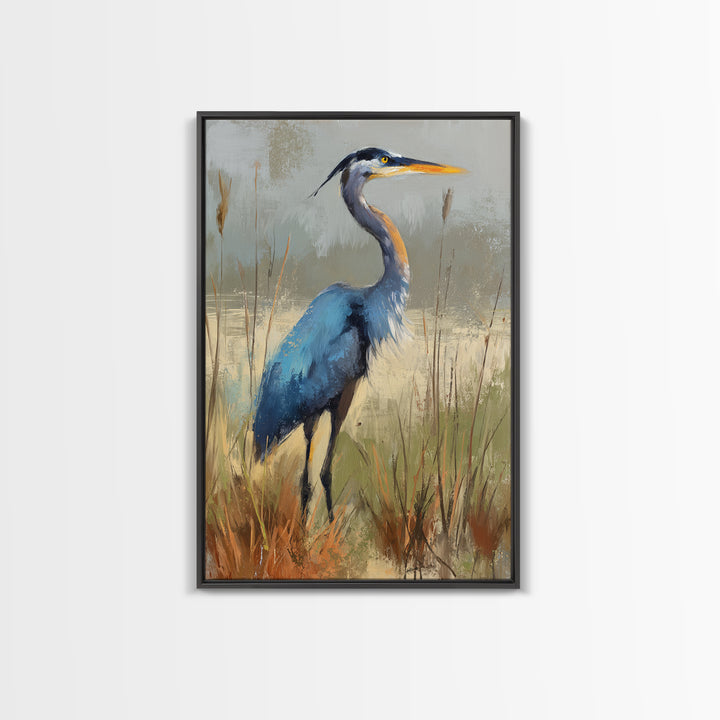 Blue Heron in Misty Marsh Grass Canvas Print, Bird Art, Mid Century Modern, Living Room Decor, Flight, Botanical Wall Art, BIR-2x3-82