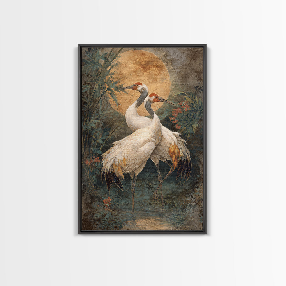 Pair of Cranes Dancing Framed Canvas Print, Bird Art, Boho Wall Decor, Living Room Decor, Abstract Art, Flight, Nature Wall Art, BIR-2x3-83