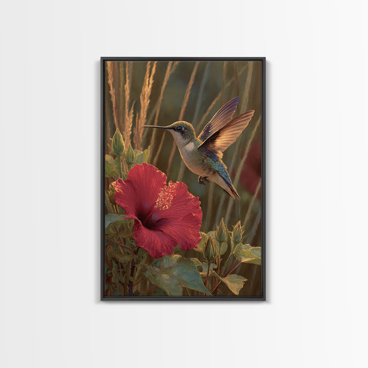Hummingbird Hovering Beside Bright Hibiscus Framed Canvas Print, Bird Art, Nature Prints, Living Room Decor, Fine Art, Flight, BIR-2x3-84