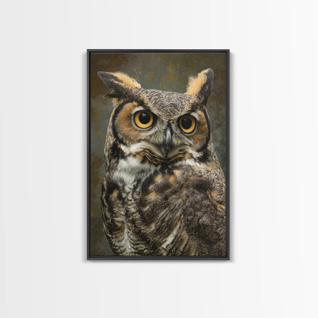 Owl Portrait with Wise Golden Eyes Framed Canvas Print, Bird Art, Boho Wall Decor, Living Room Decor, Fine Art, Flight, BIR-2x3-85
