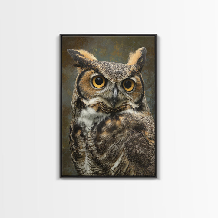 Owl Portrait with Wise Golden Eyes Framed Canvas Print, Bird Art, Boho Wall Decor, Living Room Decor, Fine Art, Flight, BIR-2x3-85