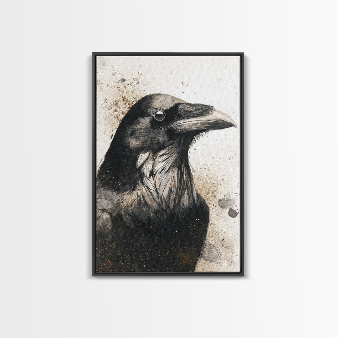 Raven Silhouette with Gothic Atmosphere Framed Canvas Print, Bird Art, Living Room Decor, Watercolor Art, Flight, BIR-2x3-89