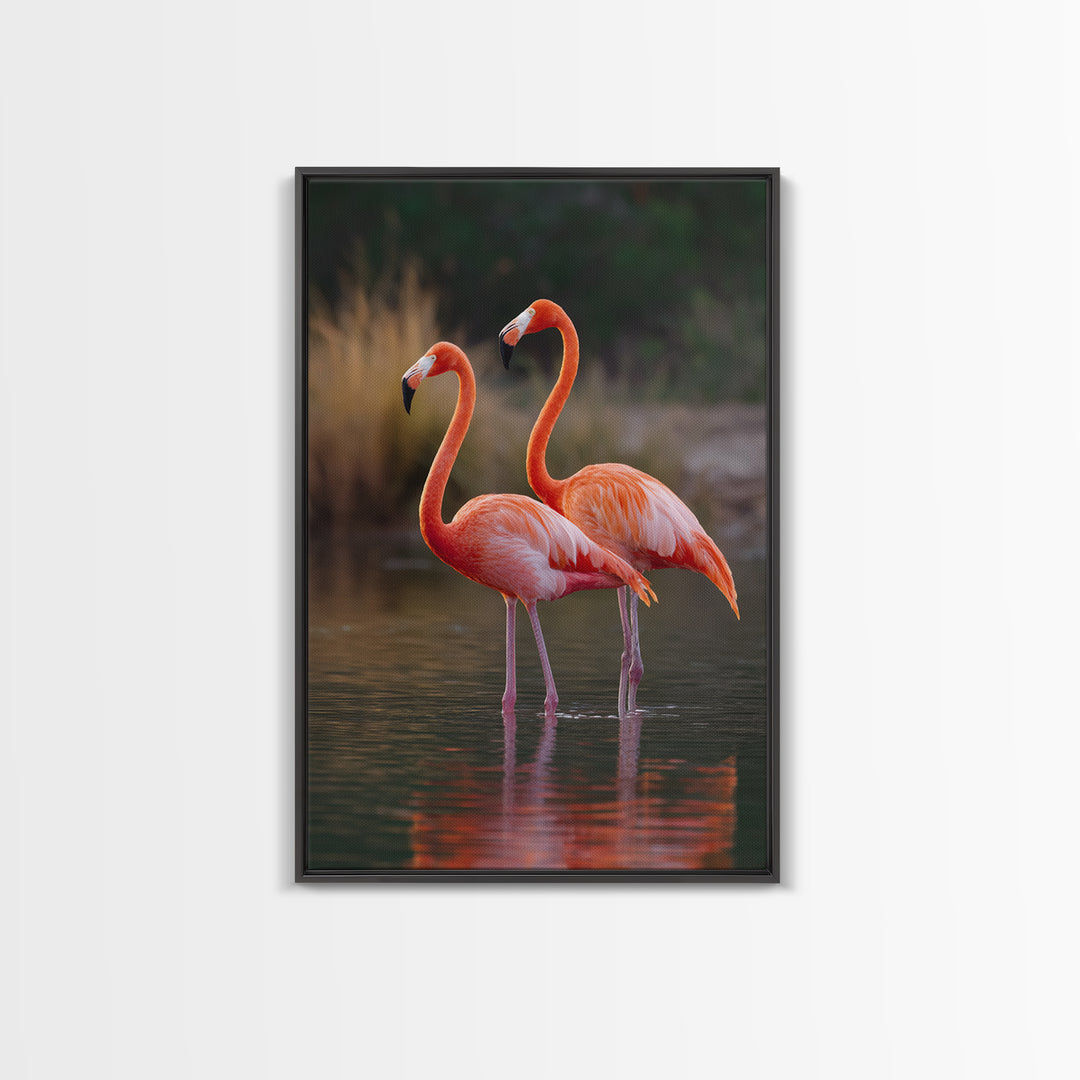 Flamingo Pair in Coral Water Reflections Framed Canvas Print, Bird Art, Original Art, Living Room Decor, Fine Art, Flight, BIR-2x3-90