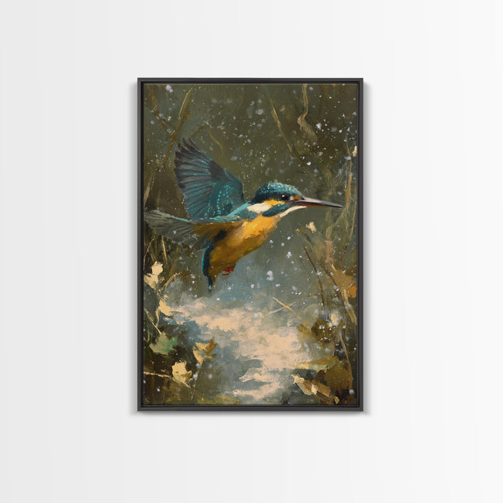 Kingfisher Diving Toward Blue Water Canvas Print, Bird Art, Modern Art, Living Room Decor, Fine Art, Flight, Floral Art, BIR-2x3-91