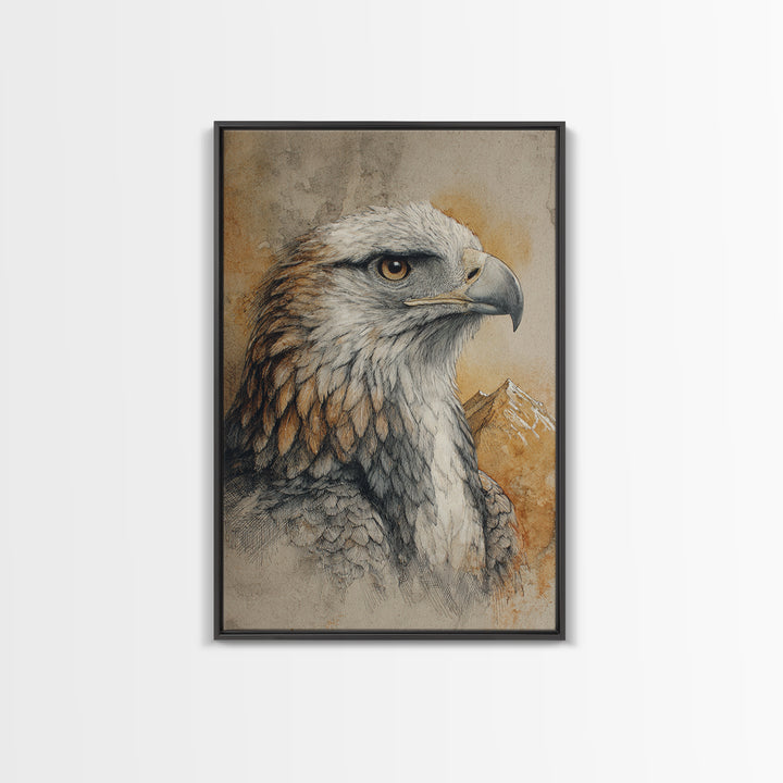 Eagle Portrait with Dramatic Mountain Wind Framed Canvas Print, Bird Art, Gallery Decor, Living Room Decor, Fine Art, Flight, BIR-2x3-92