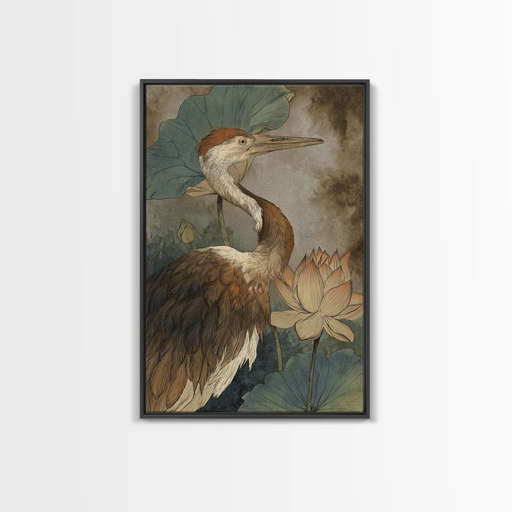 Crane and Lotus Composition Framed Canvas Print, Bird Art, Watercolor Painting, Living Room Decor, Flight, Living Room Art, BIR-2x3-97