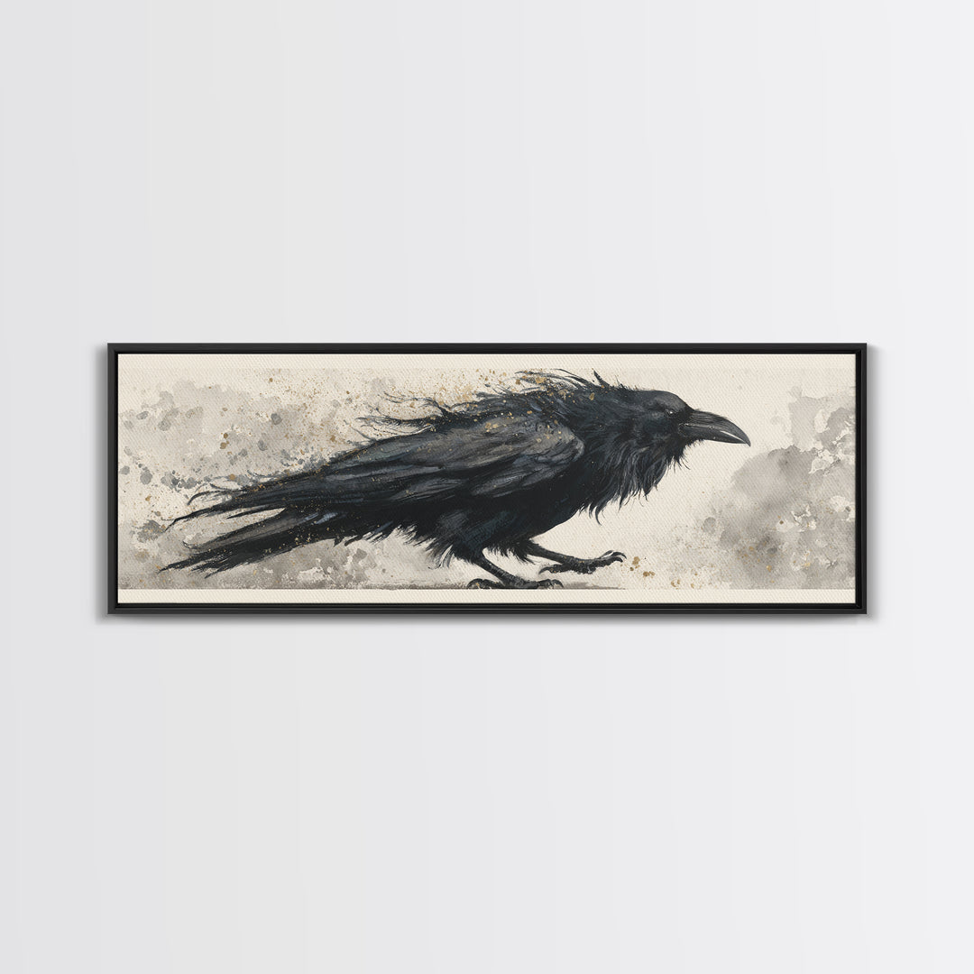 Raven Silhouette with Gothic Atmosphere Framed Canvas Print, Bird Art, Modern Wall Art, Living Room Decor, Fine Art, Flight, BIR-3x1-1