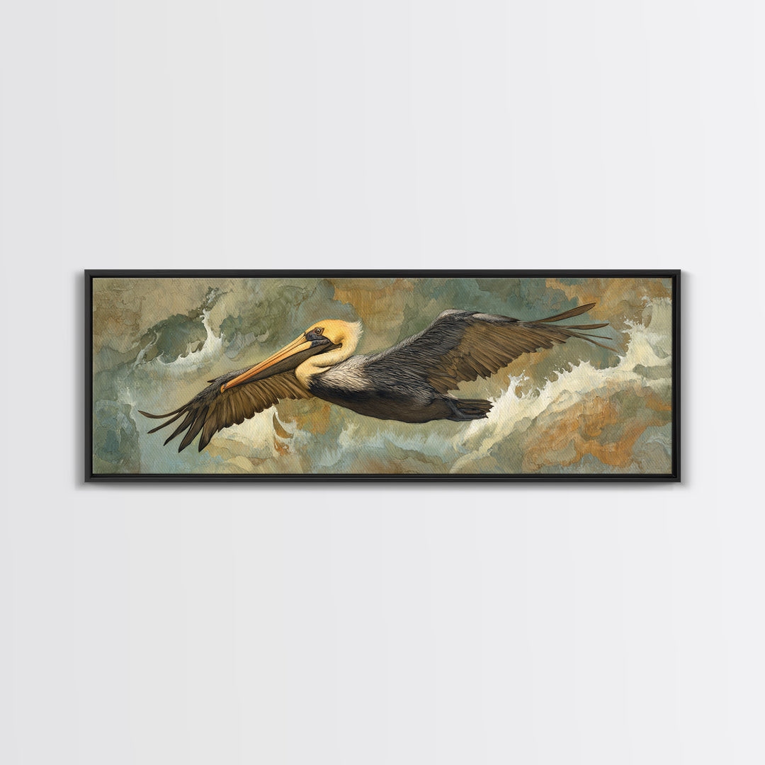 Pelican Flying over Coastal Waves Framed Canvas Print, Bird Art, Home Decor, Living Room Decor, Flight, Modern Wall Art, BIR-3x1-10