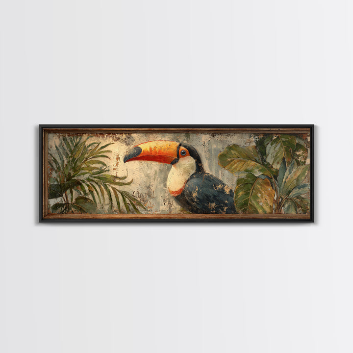 Toucan Framed by Bold Jungle Foliage Framed Canvas Print, Bird Art, Rustic Home Decor, Living Room Decor, Fine Art, Flight, BIR-3x1-15
