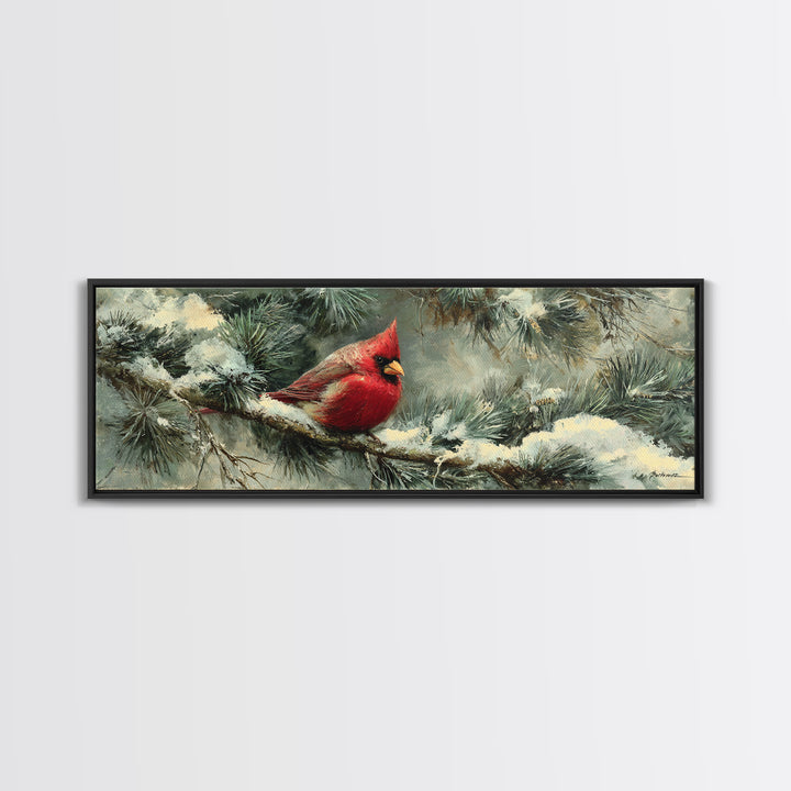 Red Cardinal on Snowy Pine Branch Framed Canvas Print, Bird Art, Botanical Wall Art, Living Room Decor, Watercolor Art, Flight, BIR-3x1-17