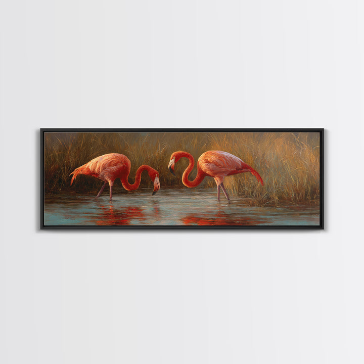 Flamingo Pair in Coral Water Reflections Framed Canvas Print, Bird Art, Mid Century Modern, Living Room Decor, Fine Art, Flight, BIR-3x1-2