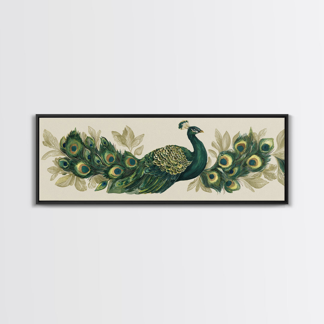 Peacock with Jewel Tone Feather Pattern Framed Canvas Print, Bird Art, Boho Decor, Living Room Decor, Fine Art, Flight, BIR-3x1-23