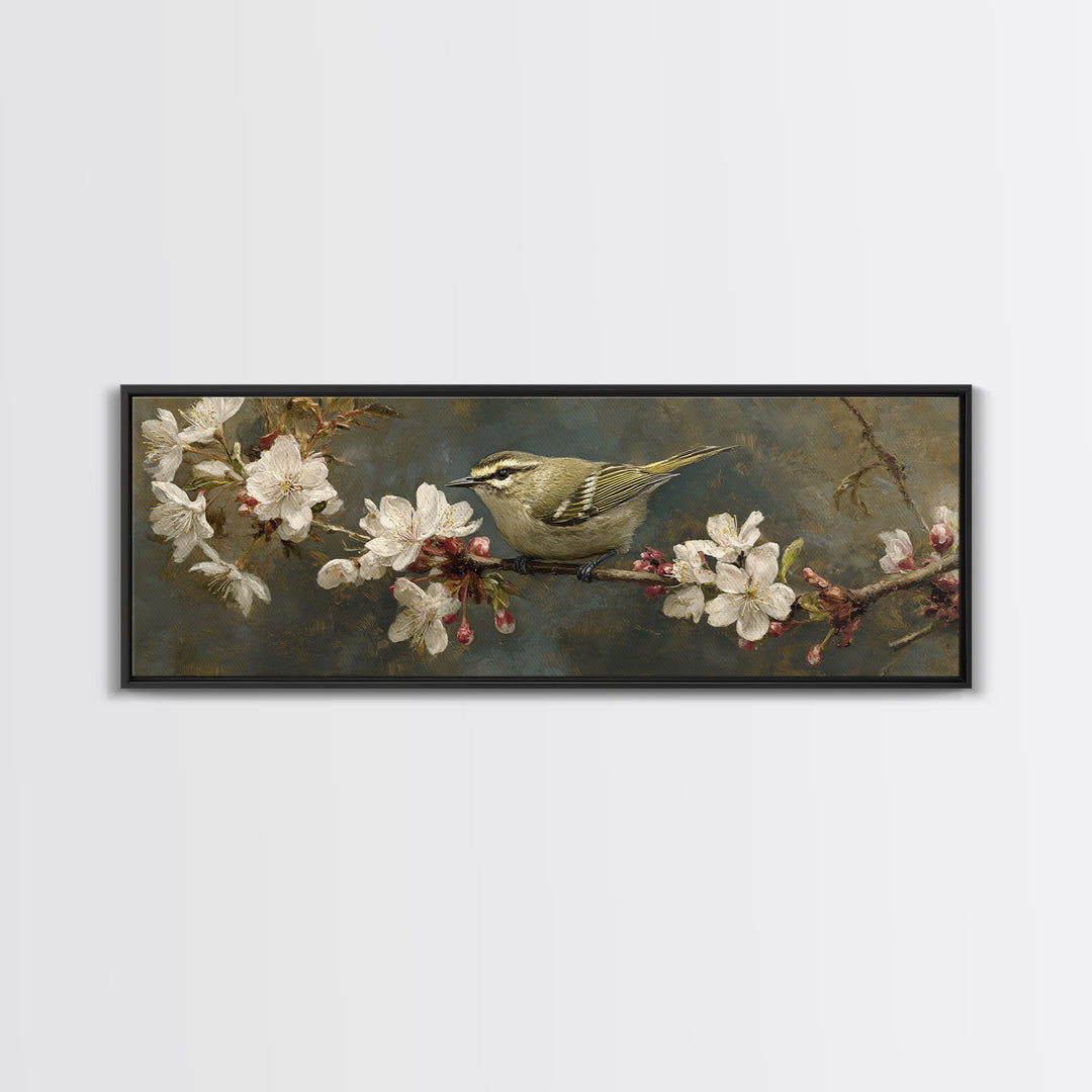 Songbird Perched on Cherry Blossoms Canvas Print, Bird Art, Nature Wall Art, Living Room Decor, Fine Art, Flight, BIR-3x1-24