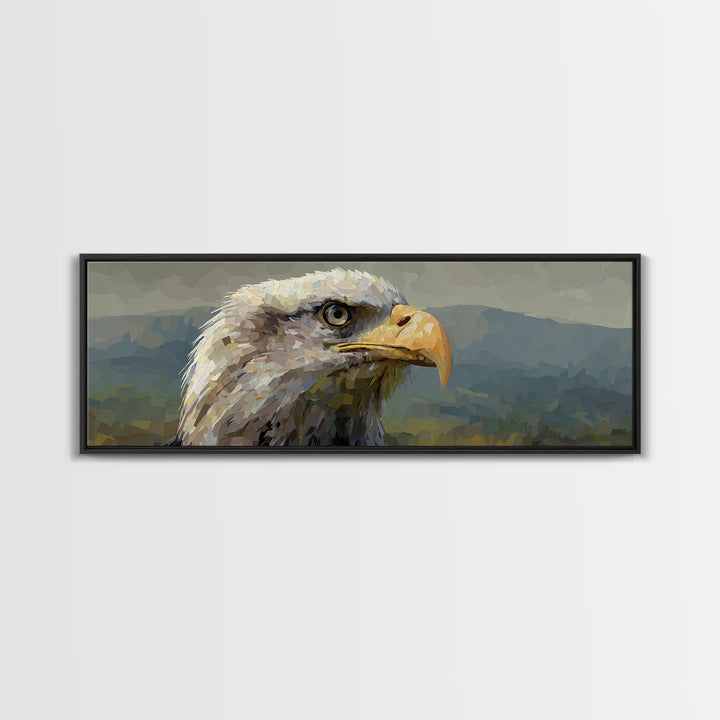 Eagle Portrait with Dramatic Mountain Wind Framed Canvas Print, Bird Art, Rustic Home Decor, Living Room Decor, Oil Painting, BIR-3x1-28