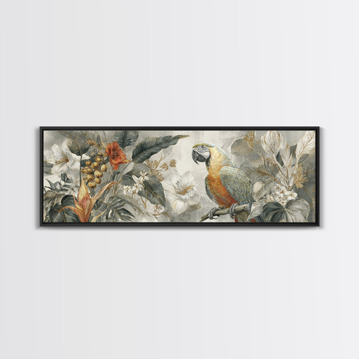 Parrot Among Tropical Leaves and Fruit Canvas Print, Bird Art, Boho Wall Decor, Living Room Decor, Oil Painting, Flight, BIR-3x1-29