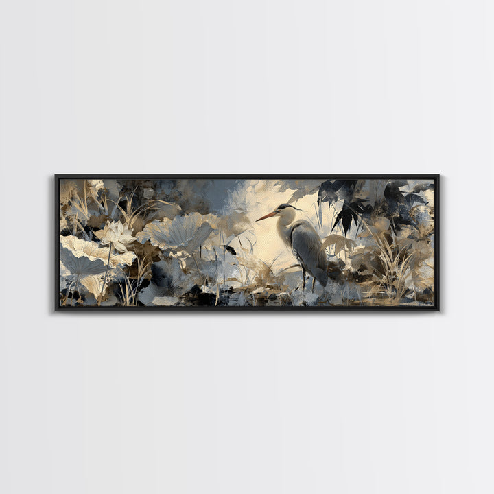 Crane and Lotus Composition Canvas Print, Bird Art, Living Room Decor, Fine Art, Flight, Rustic Home Decor, Floral Art, BIR-3x1-33