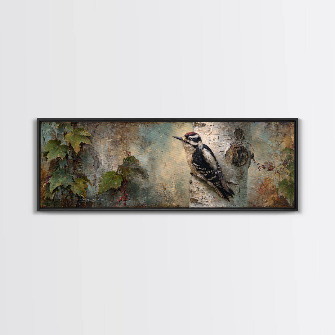 Woodpecker on Birch Bark Texture Framed Canvas Print, Bird Art, Modern Art, Living Room Decor, Watercolor Art, Flight, BIR-3x1-37