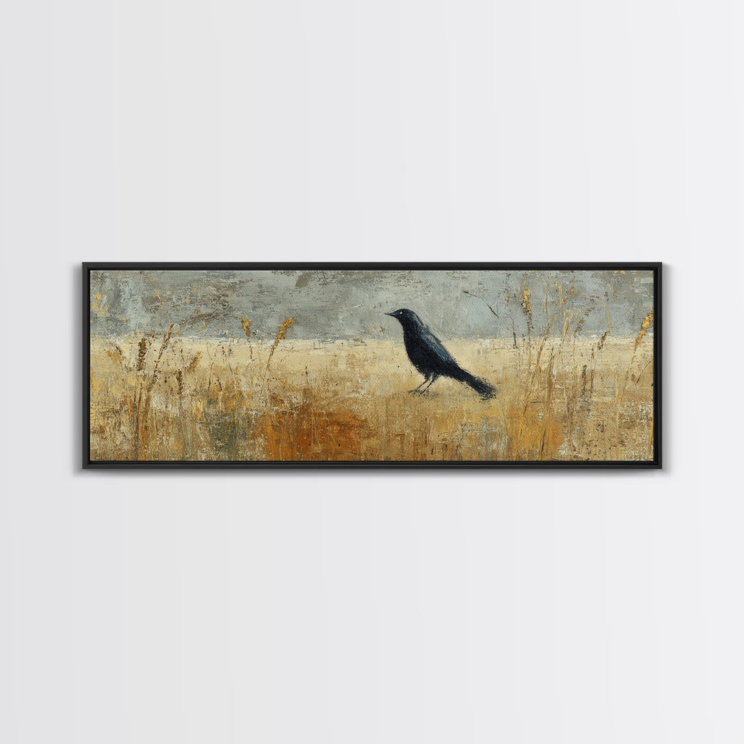 Blackbird on Gold Wheat Field Canvas Print, Bird Art, Gallery Decor, Living Room Decor, Fine Art, Flight, Contemporary Art, BIR-3x1-40