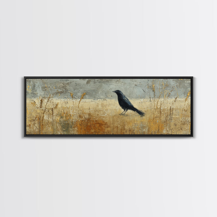 Blackbird on Gold Wheat Field Canvas Print, Bird Art, Gallery Decor, Living Room Decor, Fine Art, Flight, Contemporary Art, BIR-3x1-40