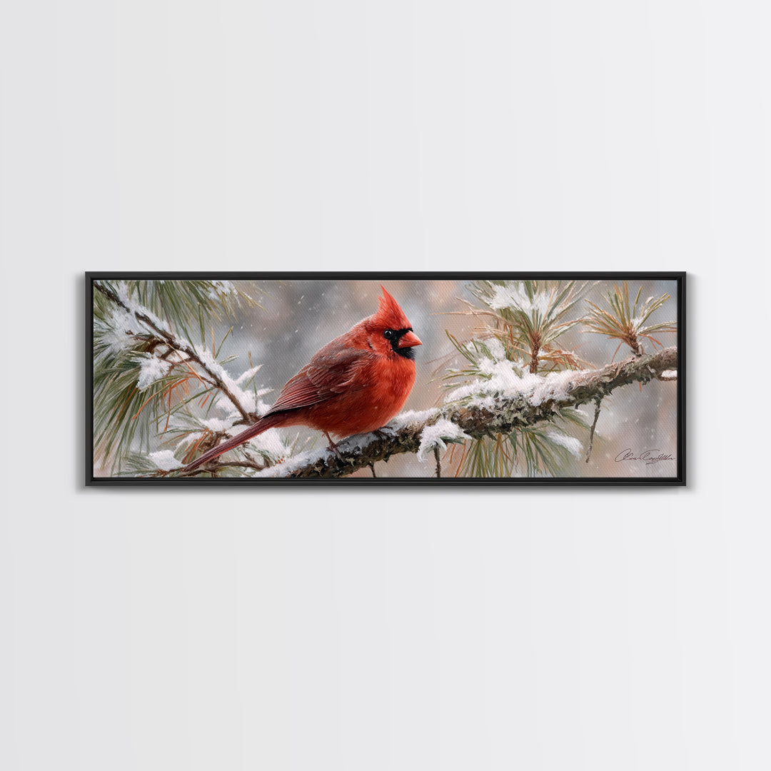 Red Cardinal on Snowy Pine Branch Canvas Print, Bird Art, Nature Prints, Living Room Decor, Fine Art, Flight, Boho Decor, BIR-3x1-41