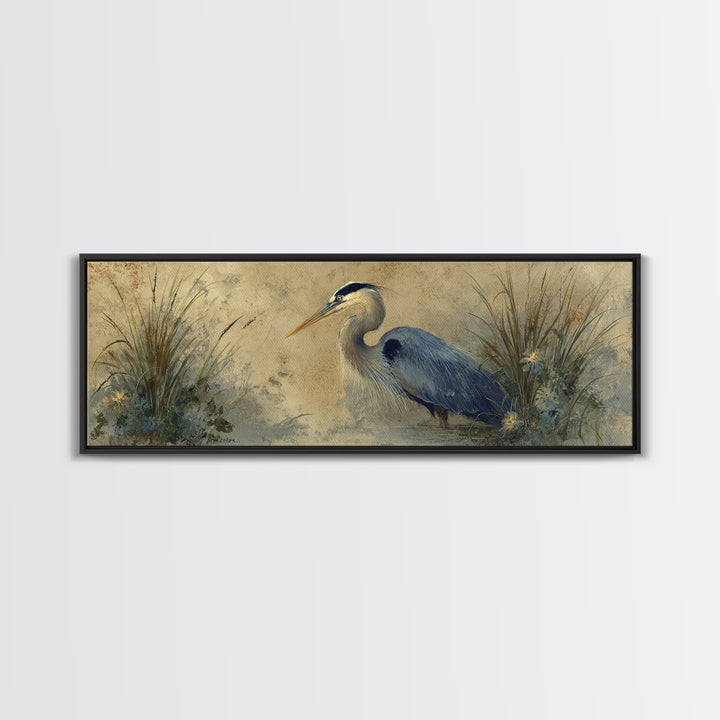 Blue Heron in Misty Marsh Grass Canvas Print, Bird Art, Boho Wall Decor, Living Room Decor, Fine Art, Flight, Nature Wall Art, BIR-3x1-42