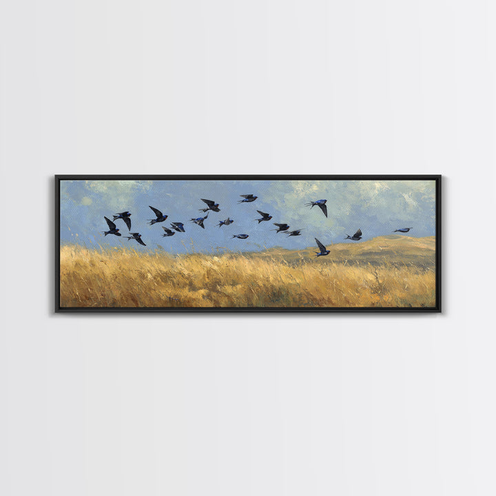 Flock of Swallows Sweeping Across Open Sky Canvas Print, Bird Art, Living Room Decor, Fine Art, Flight, Rustic Home Decor, BIR-3x1-46