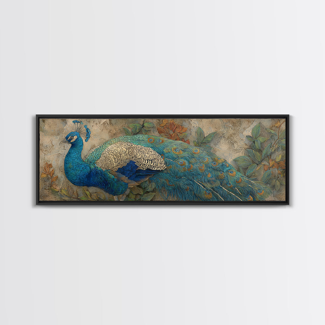Peacock with Jewel Tone Feather Pattern Framed Canvas Print, Bird Art, Digital Prints, Living Room Decor, Oil Painting, Flight, BIR-3x1-47