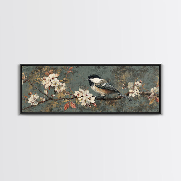 Songbird Perched on Cherry Blossoms Canvas Print, Bird Art, Art Print, Living Room Decor, Fine Art, Flight, Original Art, BIR-3x1-48