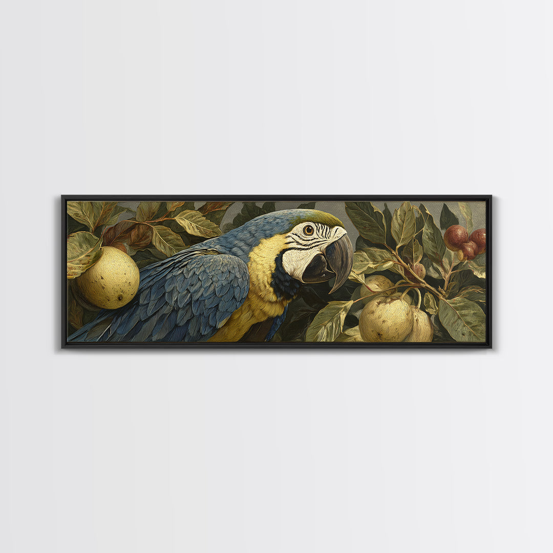 Parrot Among Tropical Leaves and Fruit Framed Canvas Print, Bird Art, Printable Art, Living Room Decor, Watercolor Art, Flight, BIR-3x1-5