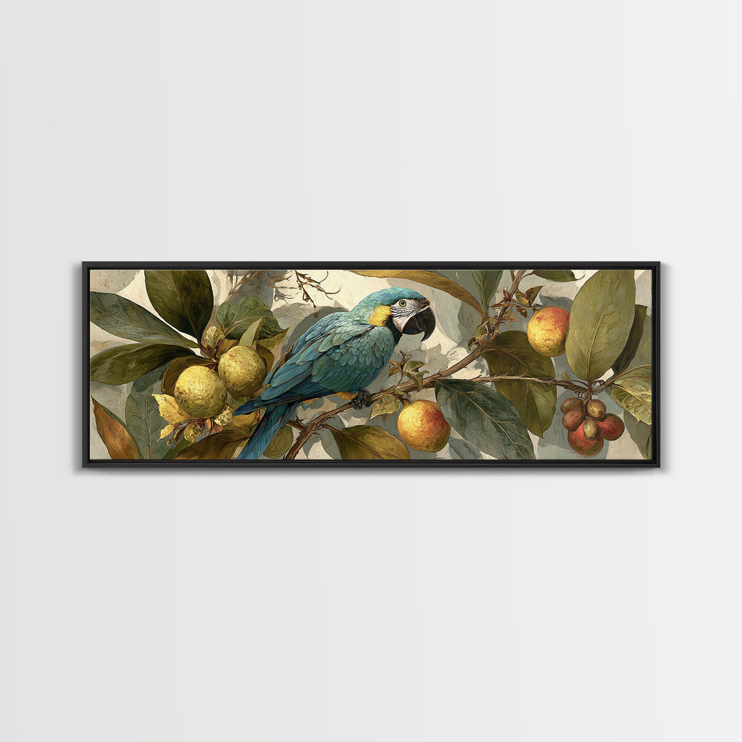 Parrot Among Tropical Leaves and Fruit Framed Canvas Print, Bird Art, Bird Prints, Living Room Decor, Fine Art, Flight, BIR-3x1-53