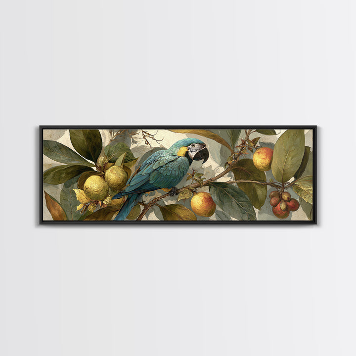 Parrot Among Tropical Leaves and Fruit Framed Canvas Print, Bird Art, Bird Prints, Living Room Decor, Fine Art, Flight, BIR-3x1-53