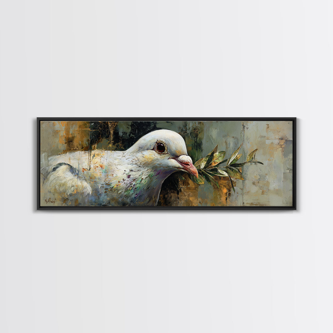 White Dove with Olive Branch and Calm Framed Canvas Print, Bird Art, Textured Painting, Living Room Decor, Oil Painting, Flight, BIR-3x1-56