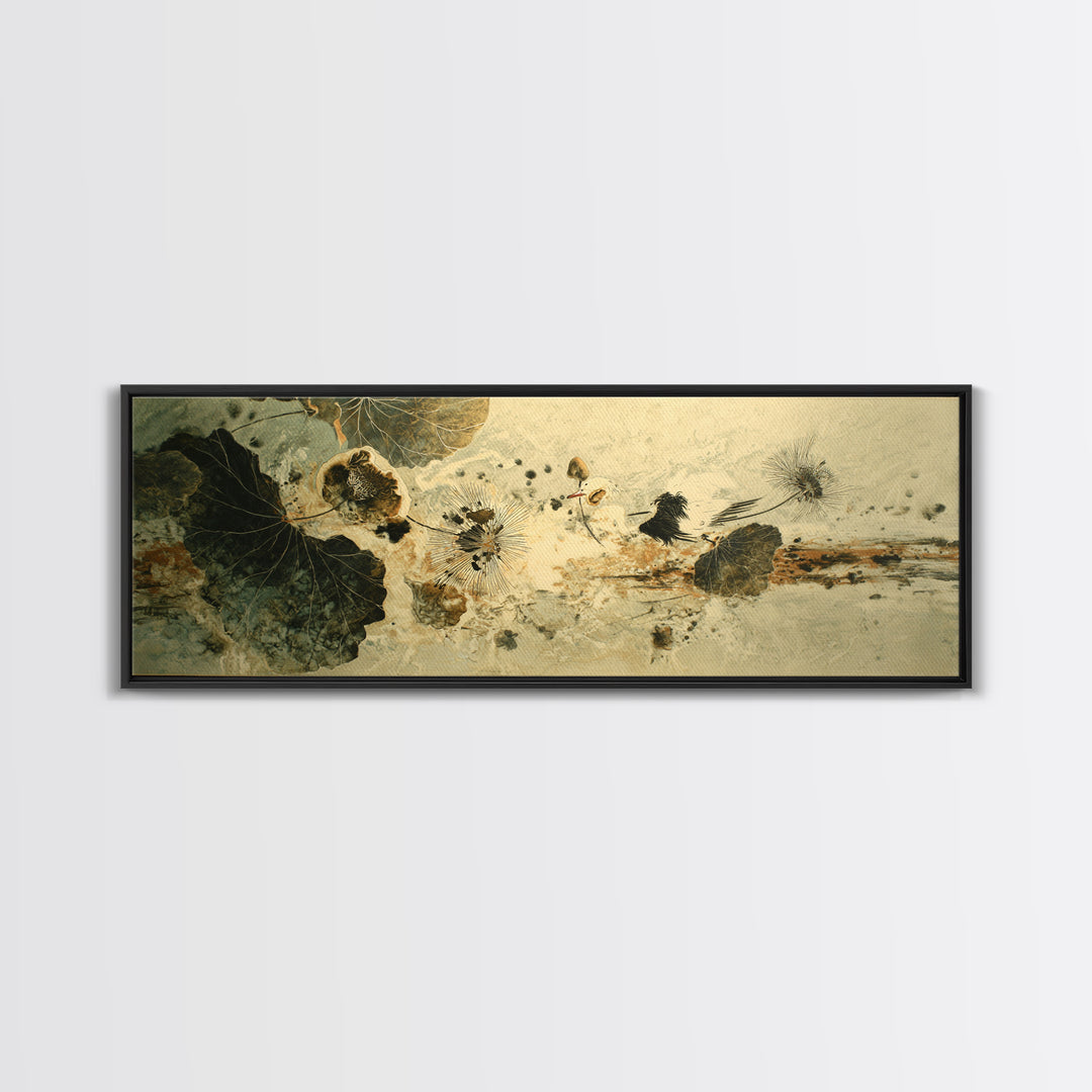Crane and Lotus Composition Framed Canvas Print, Bird Art, Mid Century Wall Art, Living Room Decor, Fine Art, Flight, BIR-3x1-57